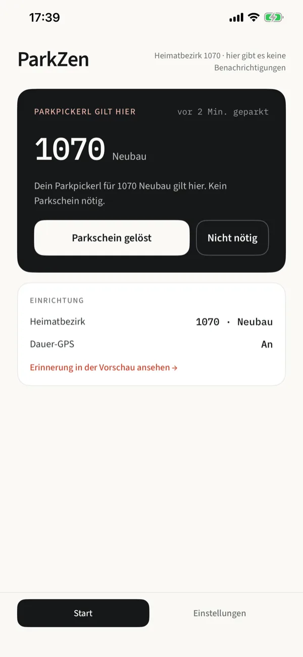 ParkZen zeigt: Parkpickerl gilt hier, 1070 Neubau, kein Parkschein nötig.