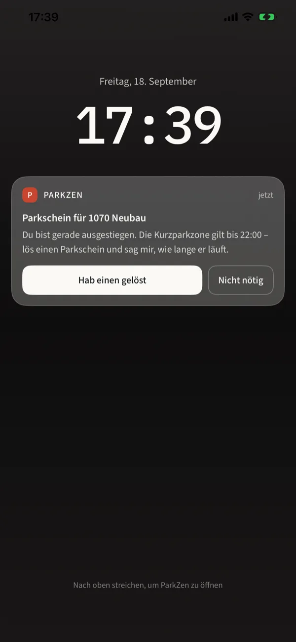 Sperrbildschirm mit einer ParkZen-Mitteilung: Parkschein für 1070 Neubau.