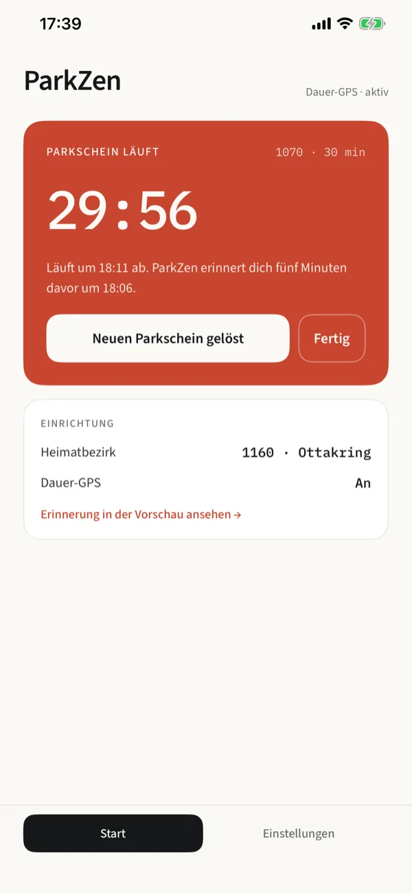 ParkZen zeigt einen laufenden Parkschein mit Countdown 29:56.