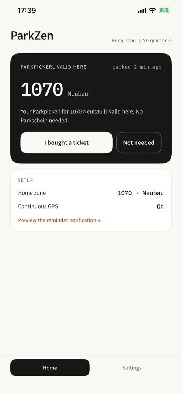 ParkZen showing: Parkpickerl applies here, 1070 Neubau, no ticket needed.